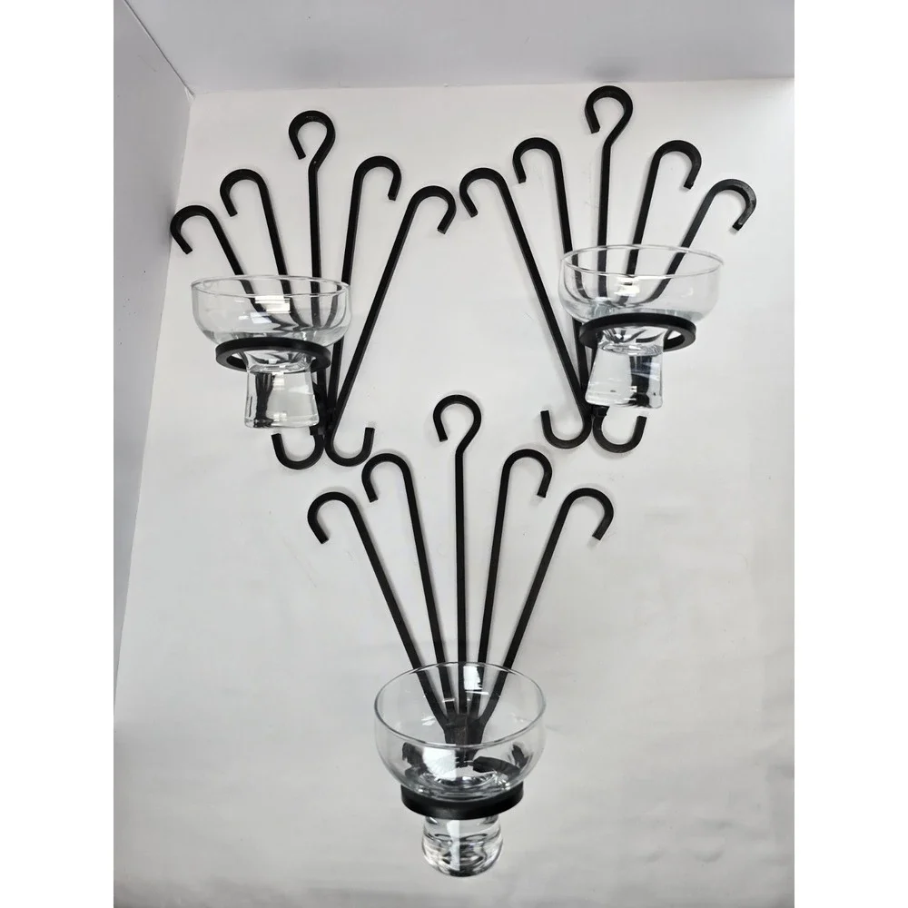 VTG MCM Black Metal Wall Sconce Candle Holders Glass Cups Set of 3 Atomic Era